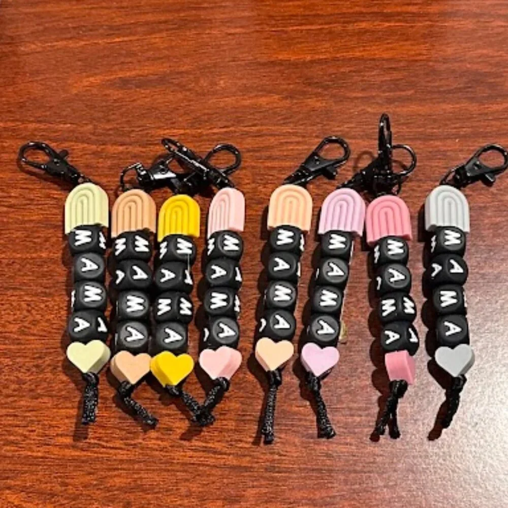 **SET OF 8** Mama Letter Blocks Rainbow Silicone Beaded Pastels Bag Charms